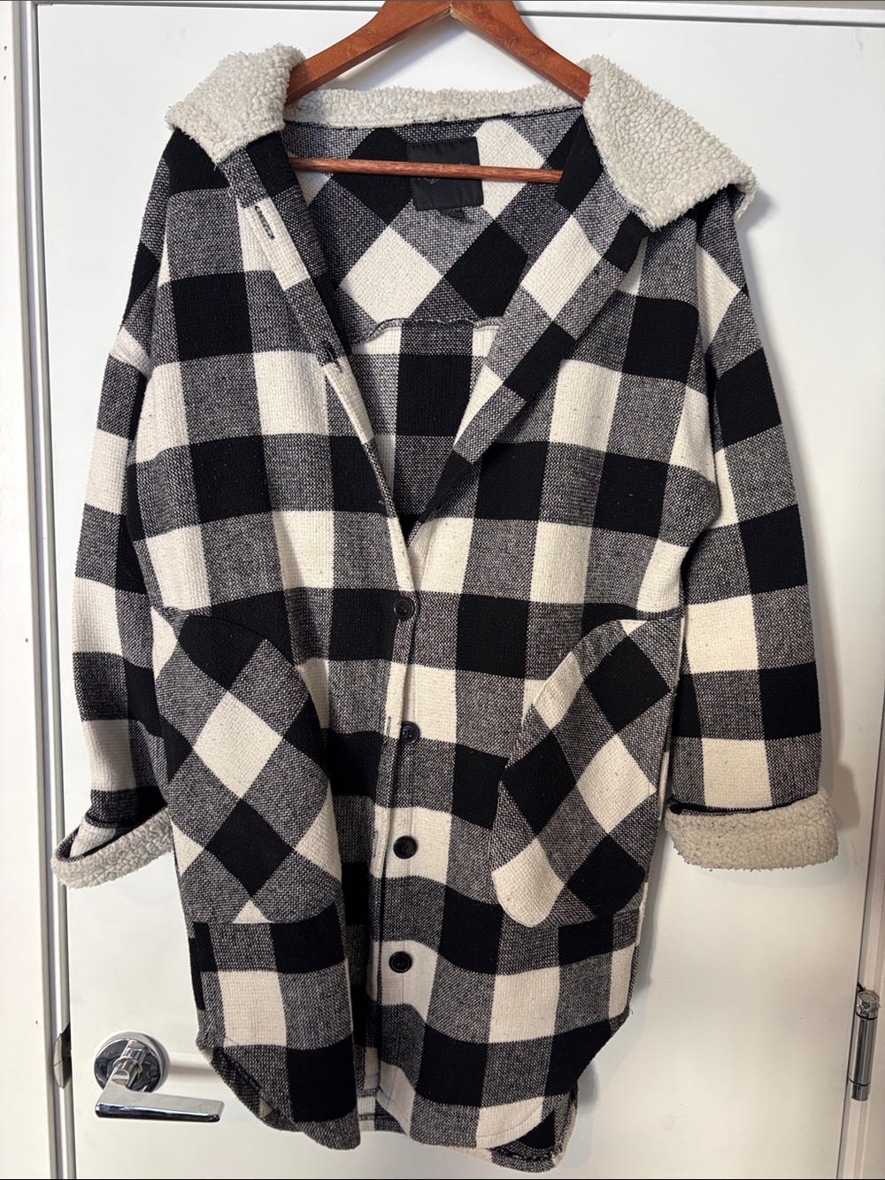 RD Style Kids Black & Cream Buffalo Check Pea Coat with Sherpa Collar